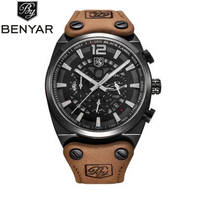 China Auto Date Benyar 5112 military watches waterproof leather strap watch men wrist chronograph logo watch custom whosale for sale