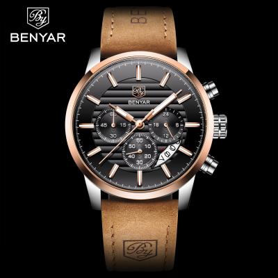 China Automatic Date Benyar 5104 Quartz Watches Men's Wrist OEM Luxury Chronograph Leather Strap Watches For Men for sale