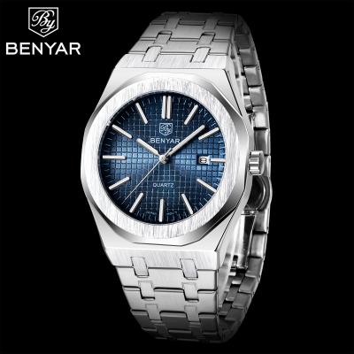 China Auto Date Benyar 5156 Ultra Thin Watches For Men OEM Custom Logo Cheap Hot Sale Metal Strap Ultra Thin Wristwatch For Men for sale