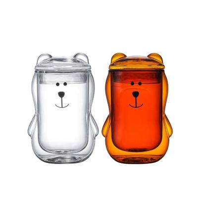 China Viable Bear Cup Double Wall Glass Cup Cartoon Creative Modeling Animal Glass Cup With Lid for sale