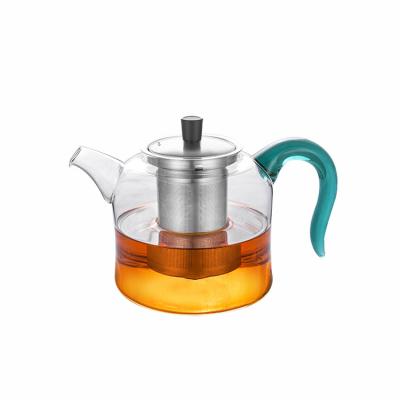 China Viable Creative High Quality Clear Glass 750ml Teapot with Color Glass Handle and Steel Infuser for sale