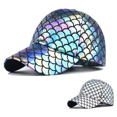 China COMMON 2022 New Wholesale Custom Design Fish Scale Adult Flat Curved Laser Color PU Brim Baseball Cap Sports Caps Rolling Stone Hat for sale