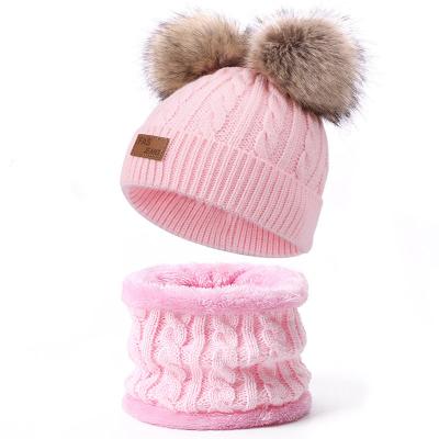 China Winter Warm/Cosy/Comfortable Kids Keep Warm Beanie Wool Knitted Hat Double Pom Pom Hat Beanies Scarf Set for sale