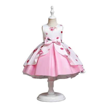 China Sweet Cute Pink Princess Birthday Satin Summer Floral Print Tow Sleeveless Bridesmaids Dress Wedding Dress For Kids for sale