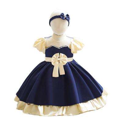 China Beautiful Summer Baby Short Sleeve Pearl Princess Girl Dress 6m-5Y Puff and Bow Flower Short Sleeves Bridesmaids Dresses for Weeding for sale