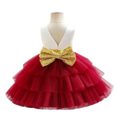 China Washable Red Bridesmaids Dresses With Gold Bow-knot Rosette Baby Girl Dresses For Sale for sale