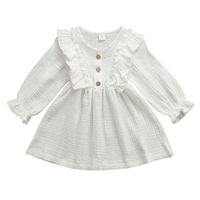 China Autumn Dress Ruffles Long Sleeve Anti-static Solid Cotton Baby Kids Party Casual Dress Canvas Clothes for sale