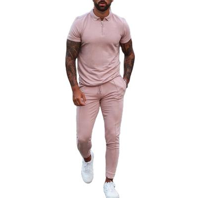 China QUICK DRY Mens Summer 2 Piece Set Mens Turn-Down Collar Zipper Tops And Drawstring Pants Suits Casual Suits for sale