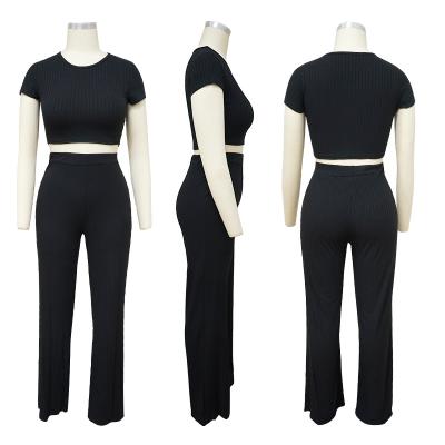 China Women's 2 Set Breathable Two Piece Ribbed O Neck Crop Top And Long Pants Autumn Short Sleeve Tracksuit Women for sale