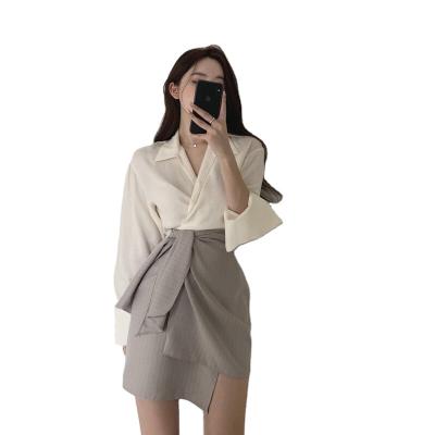 China Breathable Female Two-Piece Skirt Blouse Set Draped Suit Asymmetrical Shirt Set for sale