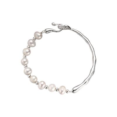 China CLASSIC Vintage Simple 925 Sterling Silver Round Open Lucky CIA Irregular Designer Beads Natural Pearl Bangle Bracelet for sale