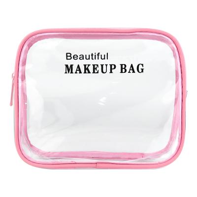 China Lightweight Custom Pink PVC Clear Logo Makeup Pouch Transparent Cosmetic Bag For Travel for sale