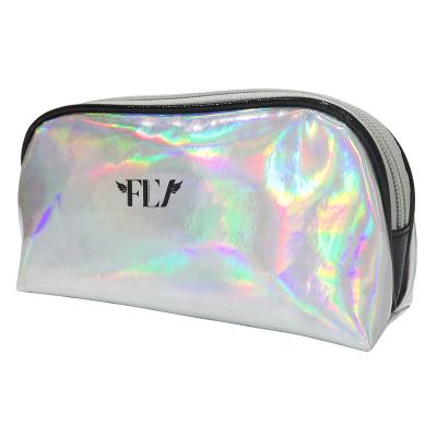 China Durable Custom Fashion Logo Printed Silvery Makeup Organizer PU Laser Cosmetic Bag Travel for sale