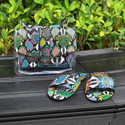 China Fashion graffiti handbags and slippers sets 2021 fashionables snake print handbag and shoes for sale