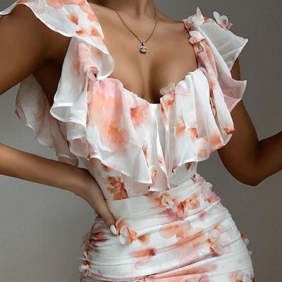 China 2020 Custom Fashion Ruffle Floral Pink Beach Anti-static Tight White Women Party Bodycon Dress for sale