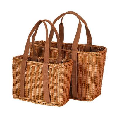 China Mid Century Style Sustainable Modern Artificial Rattan Woven Bag Storage Picnic Fruit Basket Portable Home Decor for sale