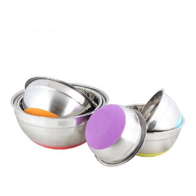 China Sustainable Colorful Hot Selling Fruit Salad Bowl Stainless Steel Salad Mixing Bowl Set With Silicone Bottom for sale