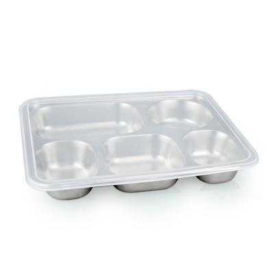 China Sustainable Fast Food Dinner Plate Lunch Box 5 Compartment Stainless Steel Divided Lunch Tray With Lid for sale