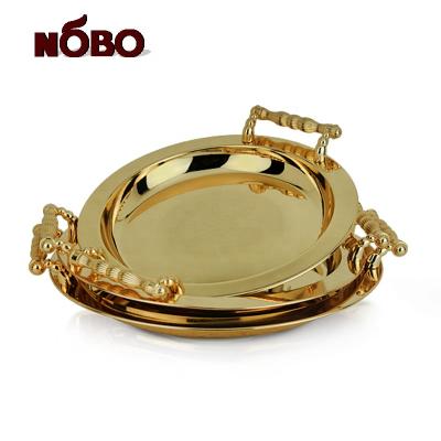 China Hot Selling Luxury Home Hotel Wedding Restaurant Decorative Stainless Steel Copper Thin Gold Thin Layer Round Metal Serving Tray with Handles for sale