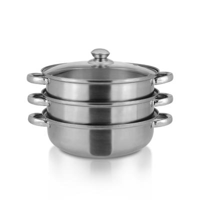 China Wholesale 3 Layers Sustainable Cooking Steamer Muffin Pot Commercial Stainless Steel Food Steamer Pot With Glass Lid for sale