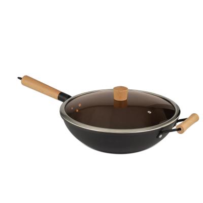 China Sustainable Restaurant Kitchen Cooking 32cm Black Chinese Cast Iron Wok Pan With Wooden Handle for sale