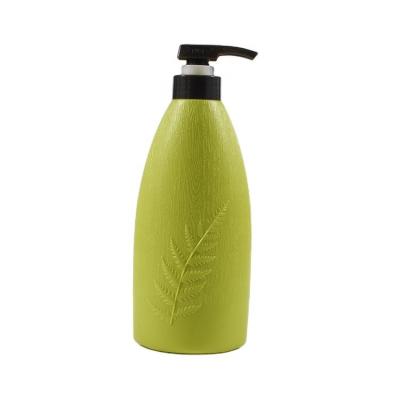 China Cosmetic cream/shampoo 450ml 15oz empty plastic HDPE material green color leaf pattern emboss on bottle funny shape shampoo bottle for sale