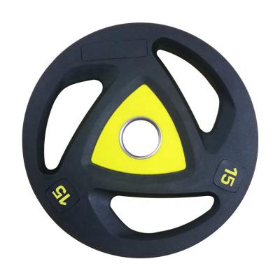 China Durable Home Commercial Unisex Tri Weight Rubber Bumper Plates PU Use Rubber Grip For Weightlifting Gym Training for sale