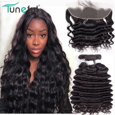 China Straight Cheap Indian Hair Deep Wave Bundles With Hd Lace Closure, 613 Hair Bundles With Transparent Hd Lace Headbands for sale