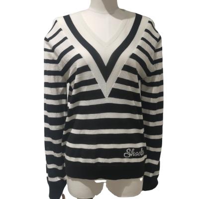 China Anti-wrinkle fashion ladies casual warm V-neck stripe knitted sweater for women for sale