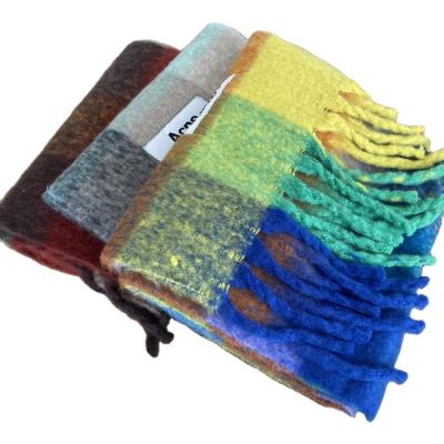 China European American Winter Warm Scarf Plaid Good Hand Feeling Fashion Long Nordic Polyester Big Tassel Rainbow Color Custom Size 100% Polyester for sale