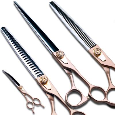 China Dogs Rose Golden Handle Pet Scissors set for dog straight scissors with Diamond Screw 440C stainless steel 7 inch for sale