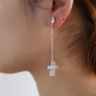 China Women Long Chain Diamond Earrings For Women Unique Lighting Brass Crystal Cross Ear Stud Jewelry Hiphop Hiphop Earrings for sale