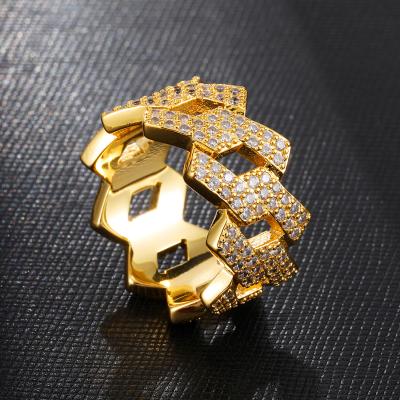 China Comfort Fit MJ Jewelry Hip Hop Ice Out Prismatic Shape Gold Plated Cuban Chain Ring for sale