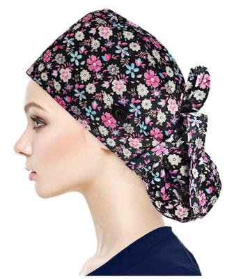 China best quality Sweat-absorbent 100% cotton medical nurse scrub hat with buttons scrub cap for women and men long hair for sale