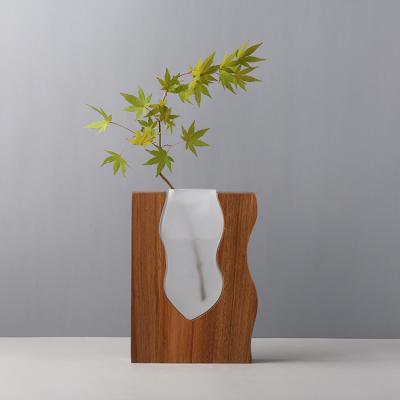 China Minimalist vases for home decor flower, Japanese style glass vase with perfect combination of wood art and glass for sale