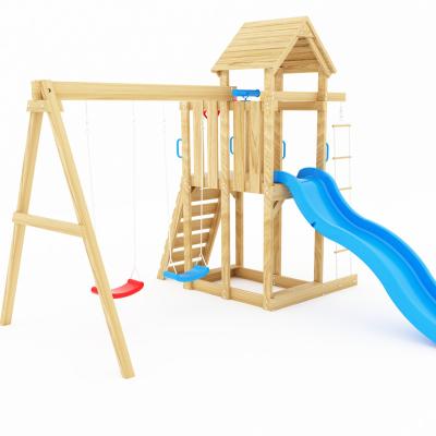 China Backyard Wooden Kids Playhouse Wooden Swing Set With Slide Playground Equipment for sale