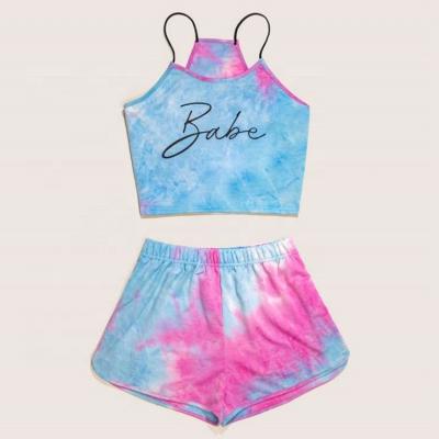 China Fashionable Breathable Summer 2 Piece Tie Dye Shorts Set Print Letter Top Custom Tracksuit For Women for sale