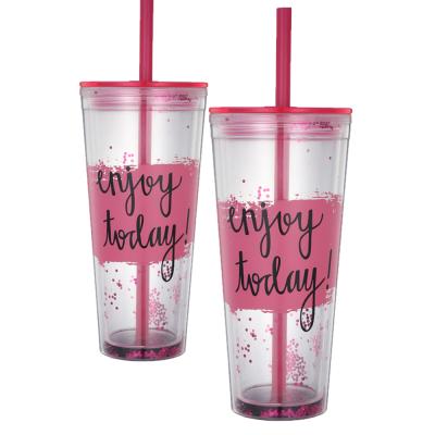 China Food Grade BPA Free Plastic Travel Insulated Tumblers, Double Wall Acrylic Tumbler, Glitter Tumbler With Straw for sale