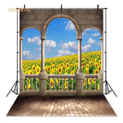 China Seamless Enchanted Outdoor Castle Photography Backdrops Sunflowers Photo Backgrounds For Romantic Wedding Studio Props for sale