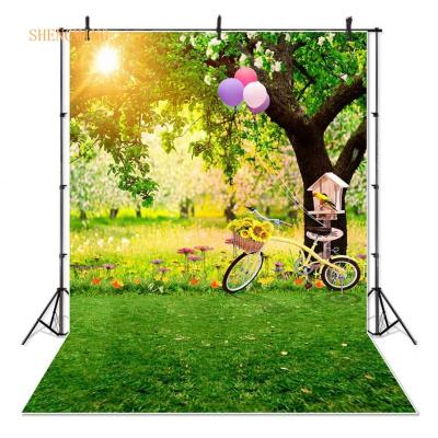 China Seamless Spring Landscape Bicycle Photography Green Trees Newborn Baby Photo Backgrounds For Kids Studio Props for sale