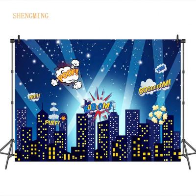 China Super hero theme birthday party banner seamless backdrops for photography cartoon super city background for kids for sale