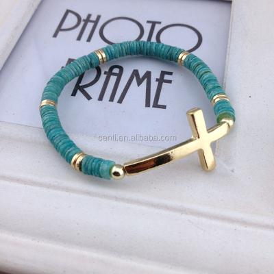 China Metal+acrylic+crystal+wood Gold Sideway Cross Charm Cocos Bead Bangle Religion Bracelet for sale