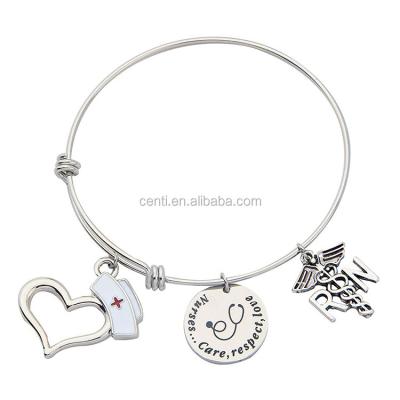 China Stainless Steel Nurse Hat Doctor Hat Stethoscope Wire Bracelet Customized Letter Words Engraved Charms Wire Bracelet for sale