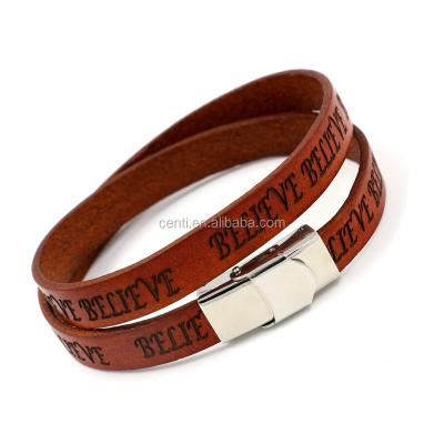 China Stainless Steel+Genuine Wrap Leather Custom Leather Bracelet Engraved Leather Wrap Bracelet Hand Stamped Mens Leather Bracelets for sale