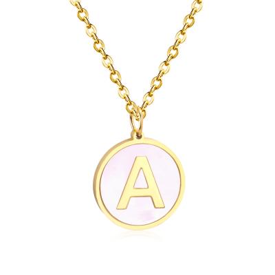 China TRENDY Gold Initial Letter Coin Necklace Shell Inlaid Stainless Steel Coin Letter Necklace for sale