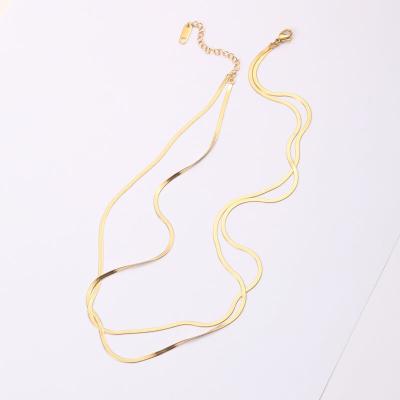 China New Design TRENDY Stainless Steel Double Layer Herringbone Chain Necklace 18k Gold Plated Thin Flat Layered Snake Chain Necklace for sale