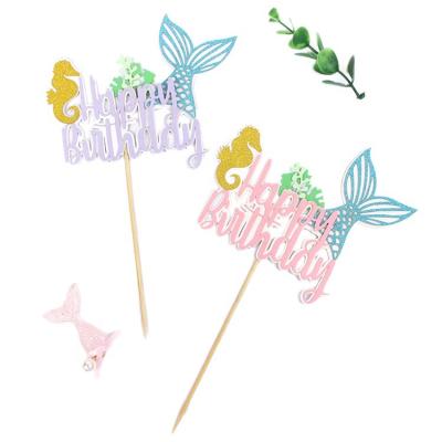 China New Design Happy Birthday Cake Topper Fashion Style Blue Fishtail Glitter Cake Toppers Classic Cake Topper for sale