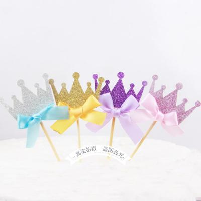 China 4 Crowns Cake Decoration Crown with Bowknot Cupcake Topper Dessert Table Gold Glitter Crown Cake Topper for sale