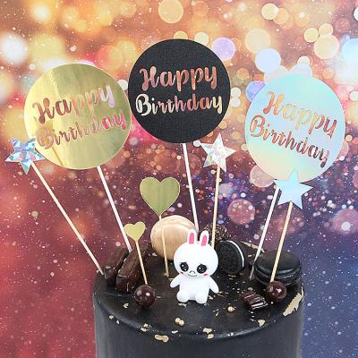 China HB Round Card 50pcs/bag Birthday Party Cake Cupcake Toppers Party Supplies Laser Cut Newspaper Distribution Tour Card Cake Topper for sale