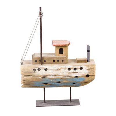 China Europe Wood Crafts Rustic Metal Base Carved Boxes Antique Style MDF Standing Sail Boat for sale